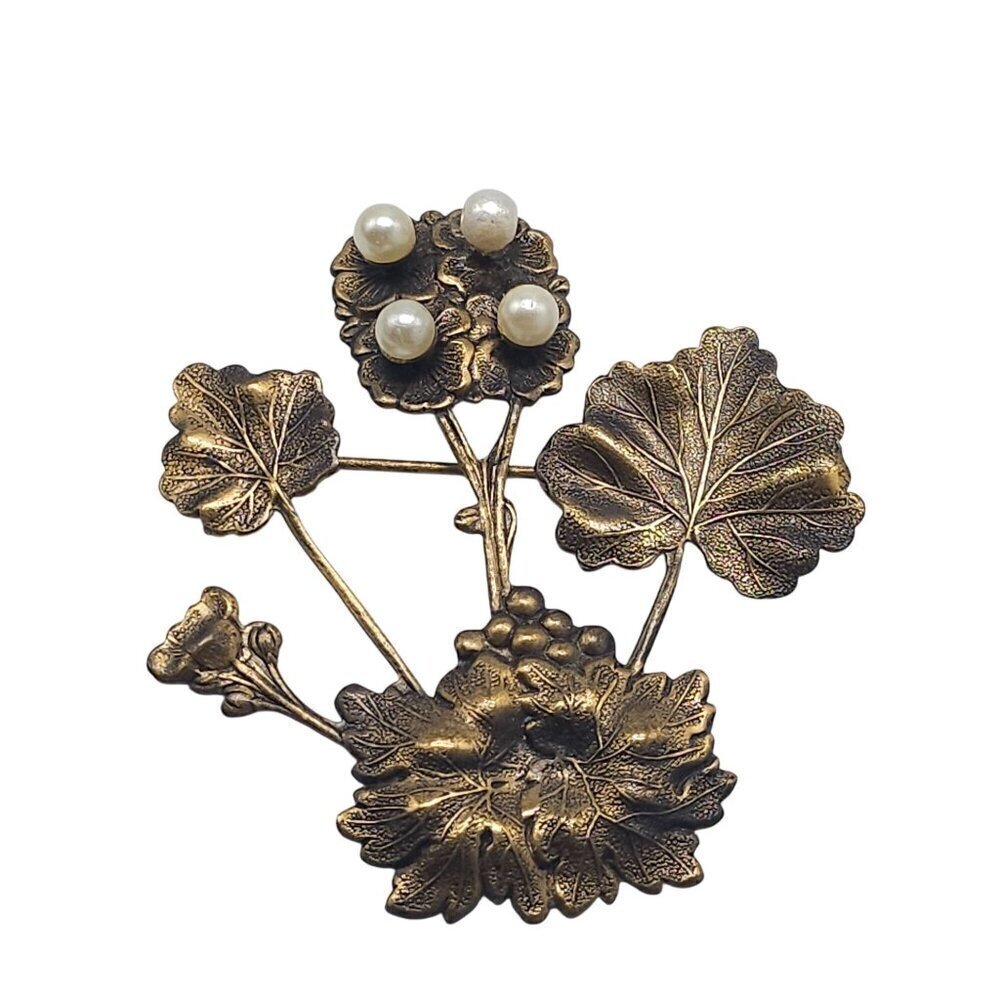 Vintage Bronze Floral Faux Pearl Brooch Pin Botanical Design 2.25 In